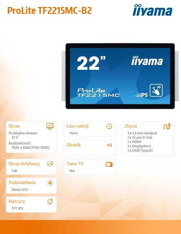iiyama ProLite TF2215MC-B2 jutiklinis monitorius 54,6 cm (21.5") 1920 x 1080 pikseliai Juoda „Multi-touch“ Daugybė naudotojų