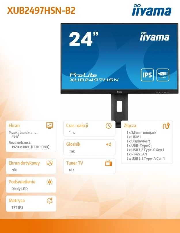 Monitorius iiyama ProLite XUB2497HSN-B2 - 100Hz | Full HD | 23.8'' | IPS | 1ms