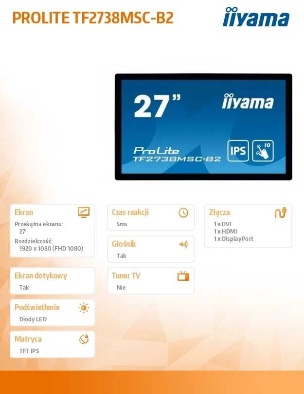 Monitorius IIYAMA TF2738MSC-B2 27 colių IPS 1920x1080 10 taškų jutiklinis 1000:1 425cd/m2 5ms DVI HDMI DP USB jutiklinės sąsajos garsiakalbiai 2x3W