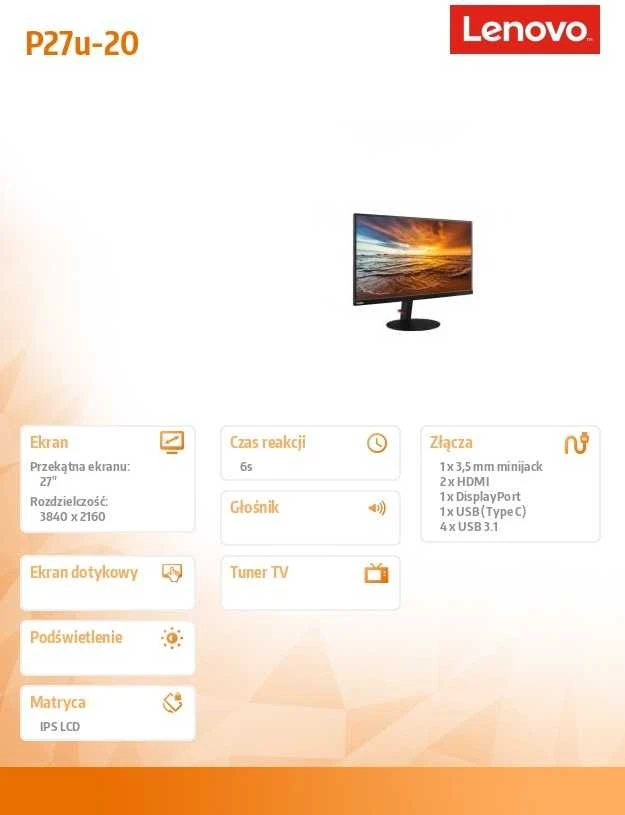 Monitorius Lenovo | ThinkVision | P27u-20 | 27 " | IPS | 4K UHD | 16:9 | 60 Hz | 4 ms | 3840 x 2160 | 450 cd/m² | HDMI jungtys quantity 2 | Raven Juodas | Garantija 36 mėn.