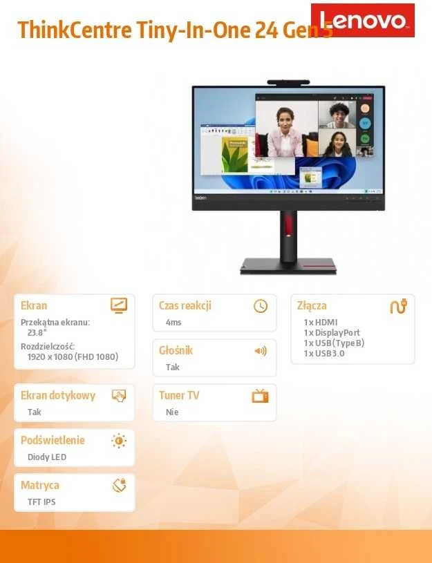 Monitorius Lenovo TIO 24 G5, 23.8", 1920 x 1080, IPS, 60 Hz, 6 ms, 250 cd/m²