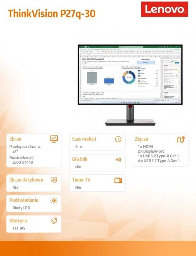 Monitorius Lenovo | ThinkVision | P27q-30 | 27 " | IPS | QHD | 16:9 | 60 Hz | 6 ms | 2560 x 1440 | 350 cd/m² | HDMI jungtys quantity 1 | Juodas | Garantija 36 mėn.