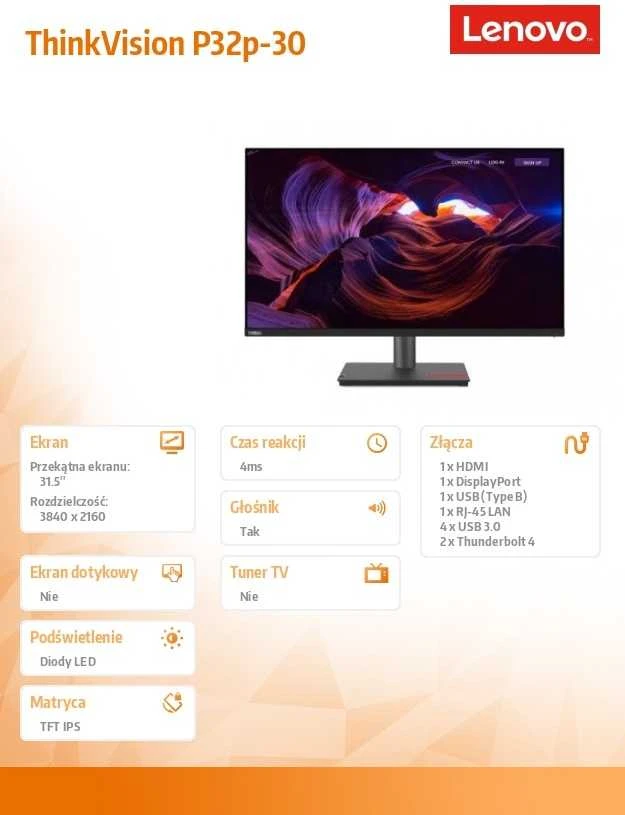 Monitorius Lenovo | ThinkVision | P32p-30 | 31.5 " | IPS | 16:9 | 60 Hz | 4 ms | 3840 x 2160 | 350 cd/m² | HDMI jungtys quantity 1 | Juodas | Garantija 36 mėn.