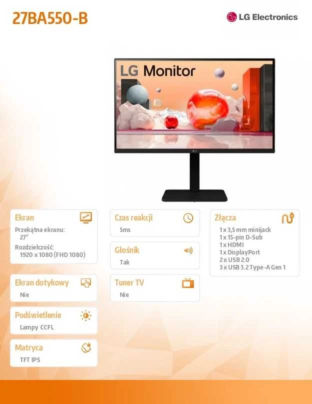 Monitorius LG 27BA550-B.AEUQ 27 colių IPS 1920x1080 16:9 250cd/m2 5ms HDMI DP D-Sub USB Juodas