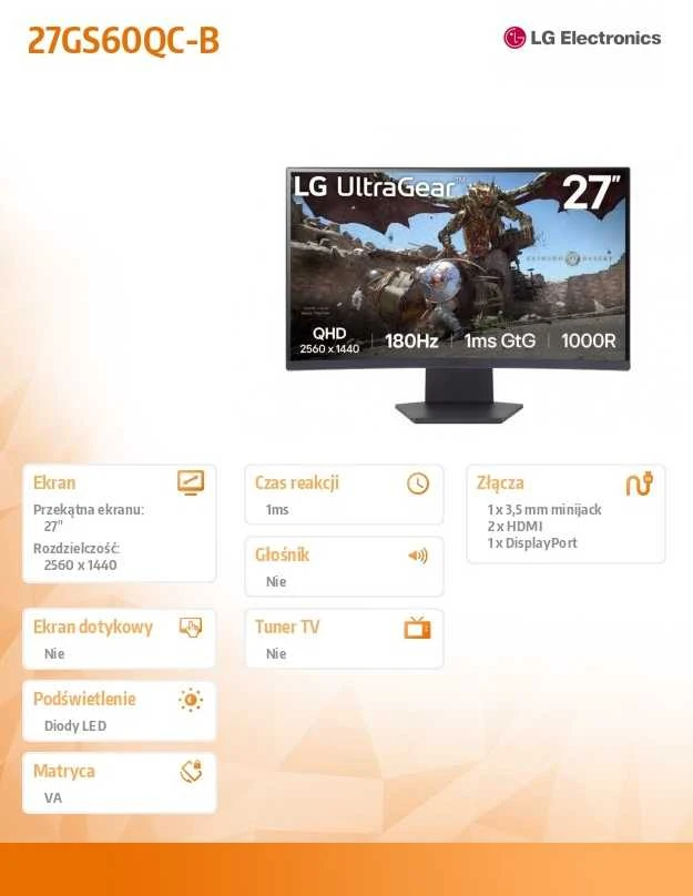 Monitorius LG | 27GS60QC-B | 27 " | VA | QHD | 16:9 | 180 Hz | 1 ms | 2560 x 1440 pikselių | 300 cd/m² | HDMI jungtys quantity 2