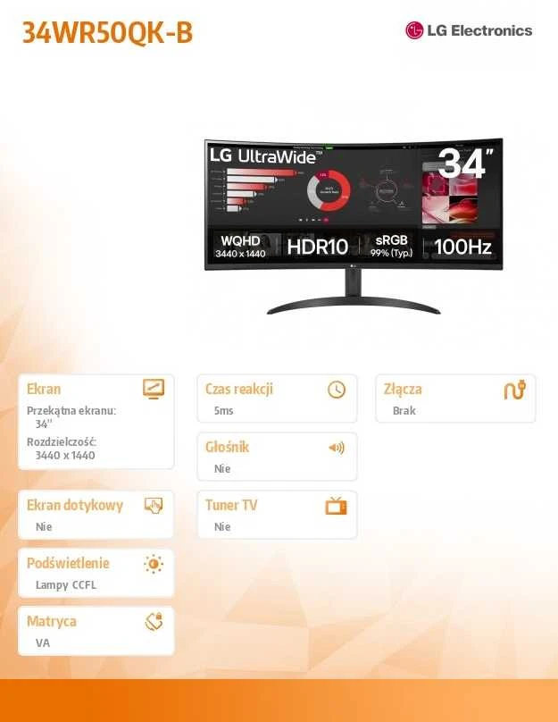Monitorius LG | 34WR50QK-B | 34 " | VA | QHD | 21:9 | 100 Hz | 5 ms | 3440 x 1440 pikselių | 240 cd/m² | HDMI jungtys quantity 2