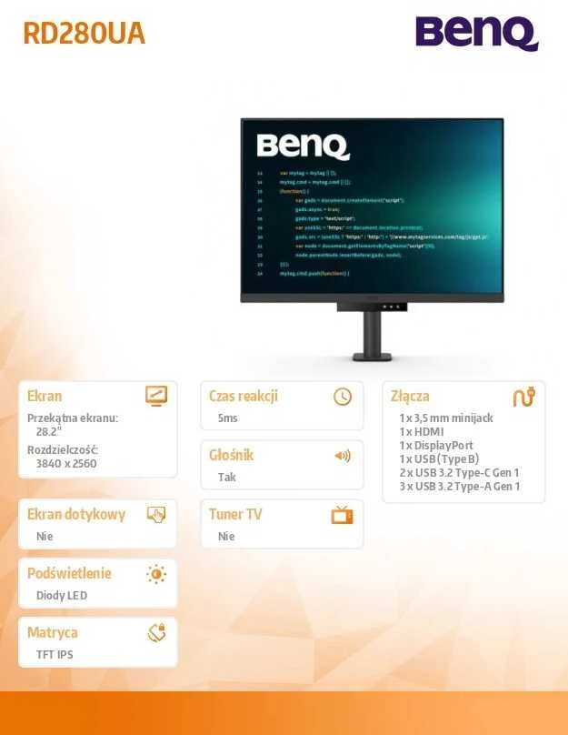 Monitorius BENQ RD280UA 28,2 colio IPS 3840x2560 350cd/m2 5ms HDMI 2.0 DP USB tipas C PD90W HUB USB KVM Pivot