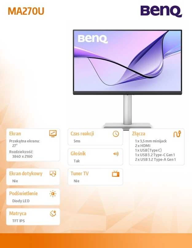 Monitorius BENQ MA270U, skirtas MAC 27 colių IPS 4K 400cd/m2 5ms HDMIx2 USB-Cx2 90W ir 15W Pivot garsiakalbiams