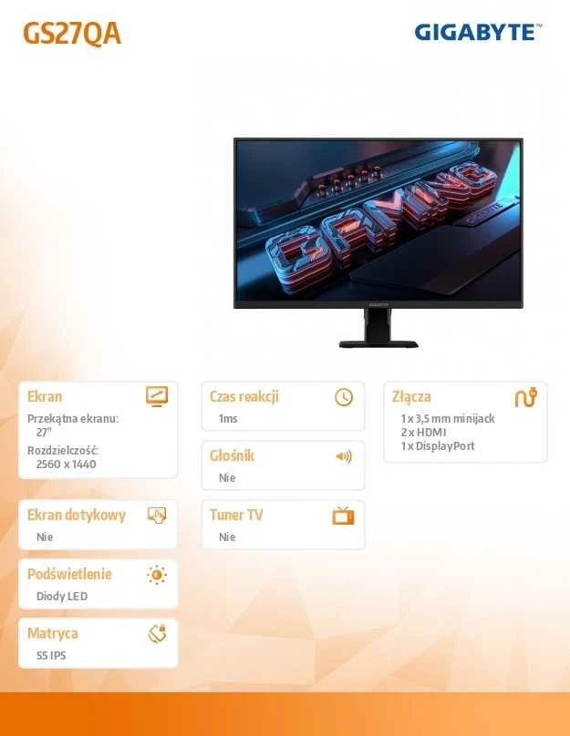 Monitorius Gigabyte GS27QA | 27" | 2560 x 1440 | IPS | 180 Hz