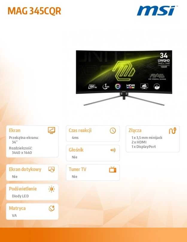Monitorius MSI MAG 345CQR - 180Hz | UWQHD | 34'' | VA | 1ms