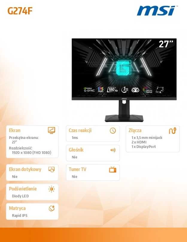 Monitorius MSI G274F 27 colių greitas IPS FHD 180Hz 250cd/m2 1ms 2xHDMI 2.0 DP