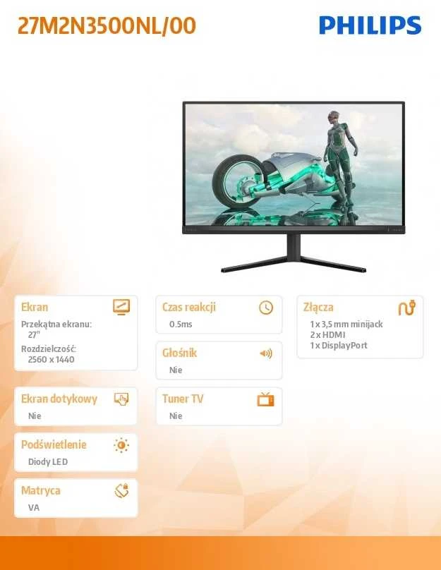 Monitorius Philips Evnia 27M2N3500NL/00, 27", VA, 2560 x 1440, 180 Hz, 1 ms, 300 cd/m²