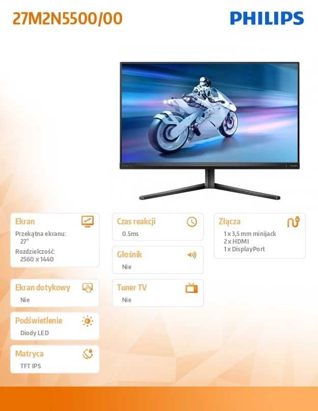 Monitorius Philips Evnia 27M2N5500/00, 27", IPS, 2560 x 1440, 180 Hz, 350 cd/m²