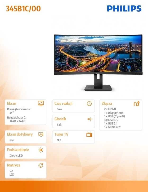 Monitorius Philips 345B1C/00 lenktas „UltraWide“ QHD 3440 x 1440 p/Adaptive-Sync/DisplayPort
