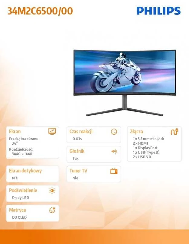 Monitorius Philips Evnia Curved Gaming Monitor, OLED 3440x1440, Juodas/Pilkas 34M2C6500/00