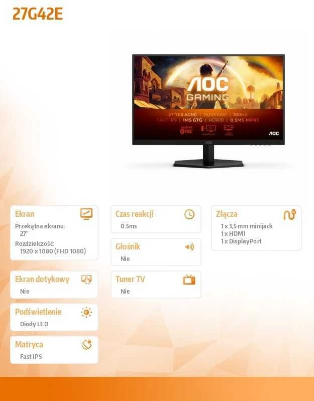 Žaidimų monitorius AOC 27G42E, 27" Full HD (1920x1080), 180Hz, 1ms, FreeSync Premium, G-Sync Compatible, HDR10