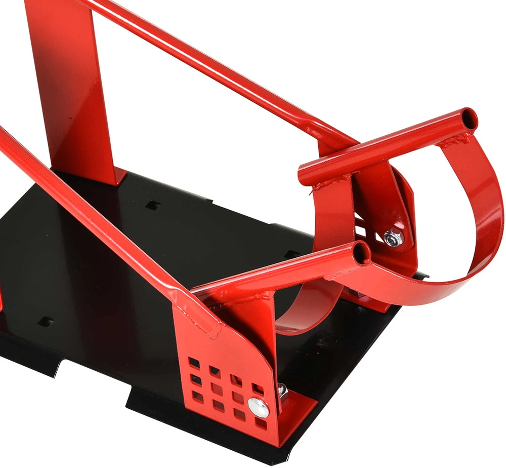Motociklo priekinio rato stovas, 12 padėčių, iki 450 kg, juodos ir raudonos spalvos, 27,5 × 51–69 × 34 cm