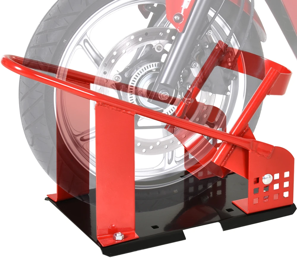 Motociklo priekinio rato stovas, 12 padėčių, iki 450 kg, juodos ir raudonos spalvos, 27,5 × 51–69 × 34 cm
