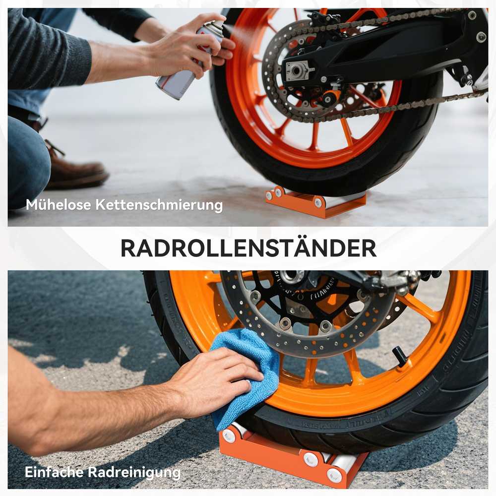 HOMCOM motociklo ratų remonto stovas, ratų sukimo įrankis, oranžinis, iki 180 mm pločio padangoms