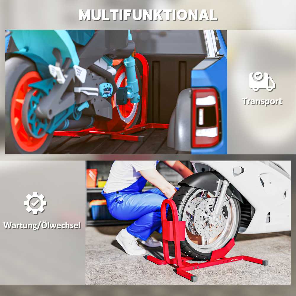 HOMCOM Motociklo stovas 17-21", 430-530 mm priekšējai ratui, reguliuojamas, metalinis, raudonas