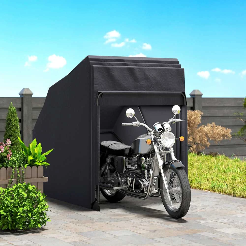 „Outsunny“ sulankstomas lauko motociklų uždangalas su langeliu, vandeniui atsparus „Oxford“ audinio garažas 2 motociklams ar motoroleriams, 345 cm x 135 cm x 191 cm, juodas