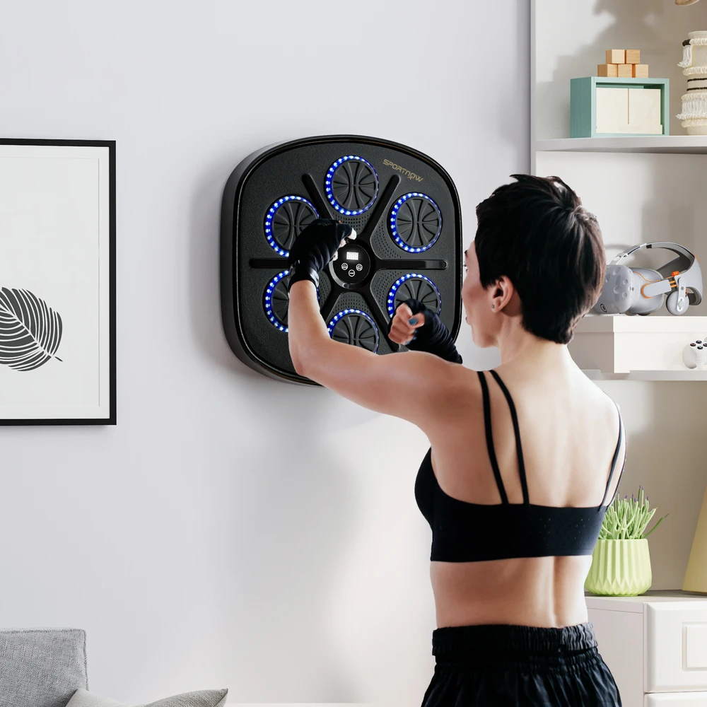 SPORTNOW Music Boxing Machine, elektroninis "Bluetooth" bokso treniruoklis su LED lemputėmis, muzika, sieninis bokso taikinys suaugusiesiems, pratimai namuose, juodas