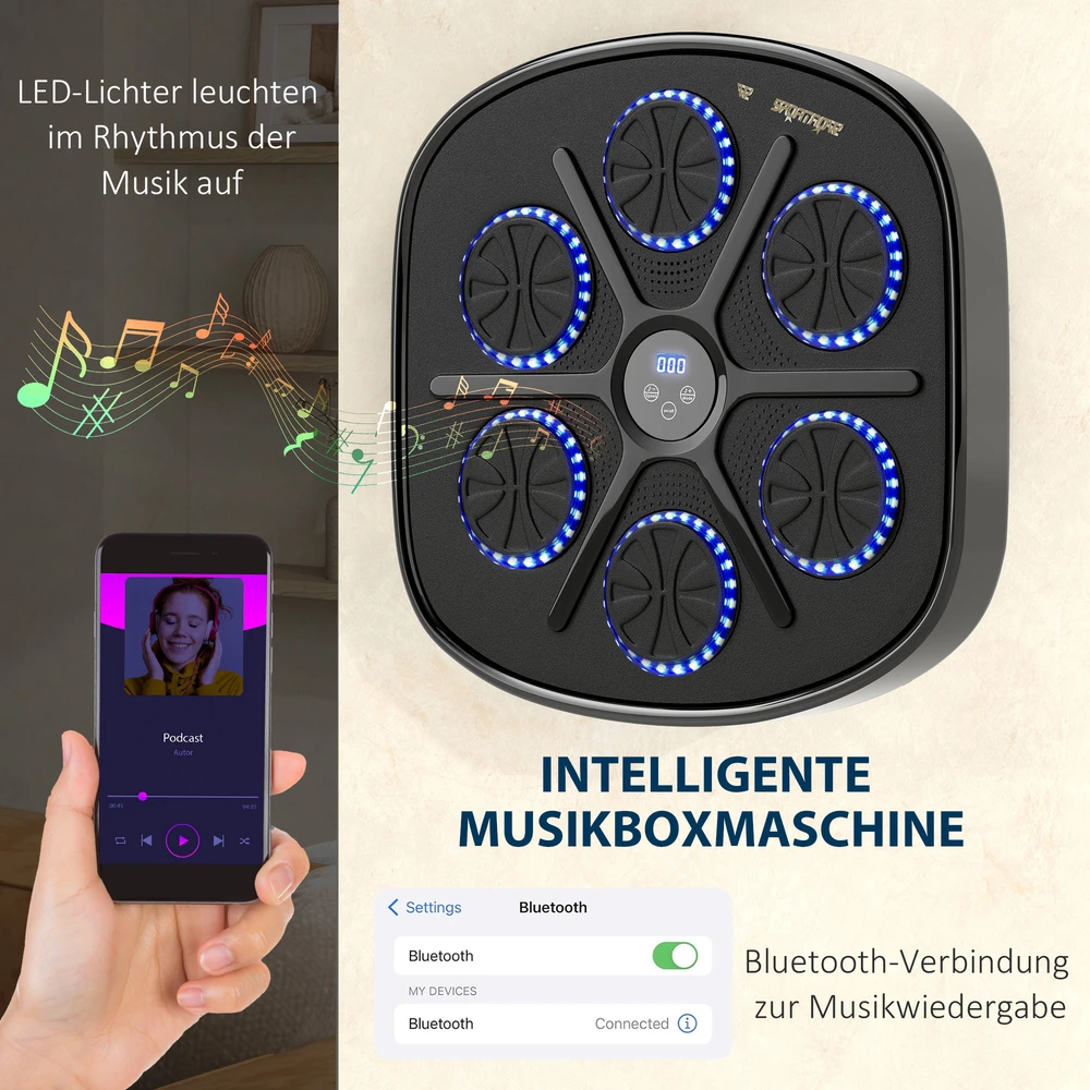 SPORTNOW Music Boxing Machine, elektroninis "Bluetooth" bokso treniruoklis su LED lemputėmis, muzika, sieninis bokso taikinys suaugusiesiems, pratimai namuose, juodas