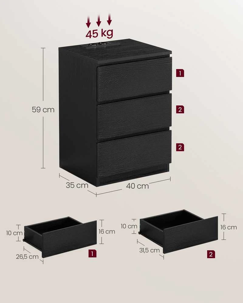 Songmics Naktinis staliukas 2 vnt. su 2 USB jungtimis, juodas