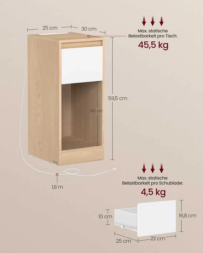 Vasagle Naktinis staliukas su LED apšvietimu ir USB jungtimis