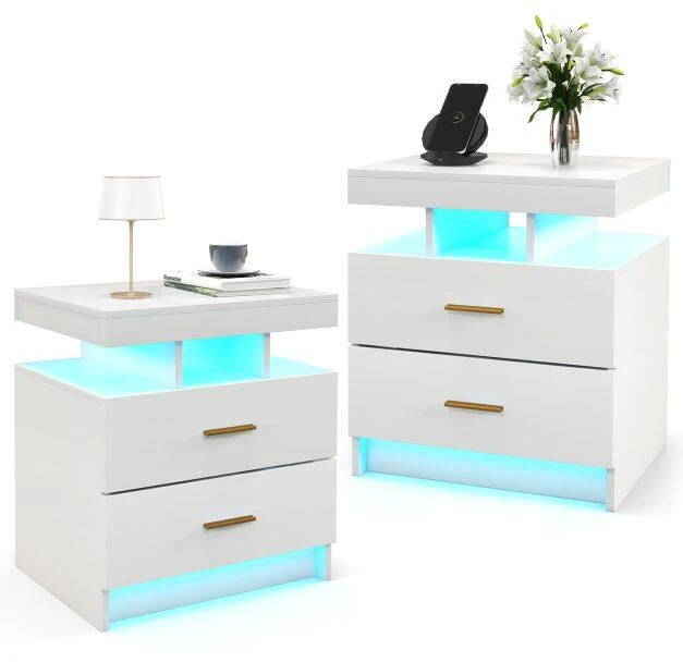 Naktinis staliukas su LED apšvietimu ir 2 stalčiais, juoda/balta, 50 x 40 x 58 cm