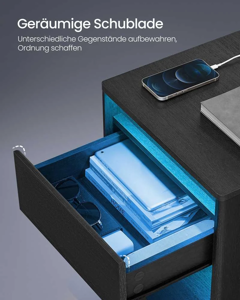 Songmics Vasagle Naktinė spintelė su moderniu uosio juodumo LED apšvietimu