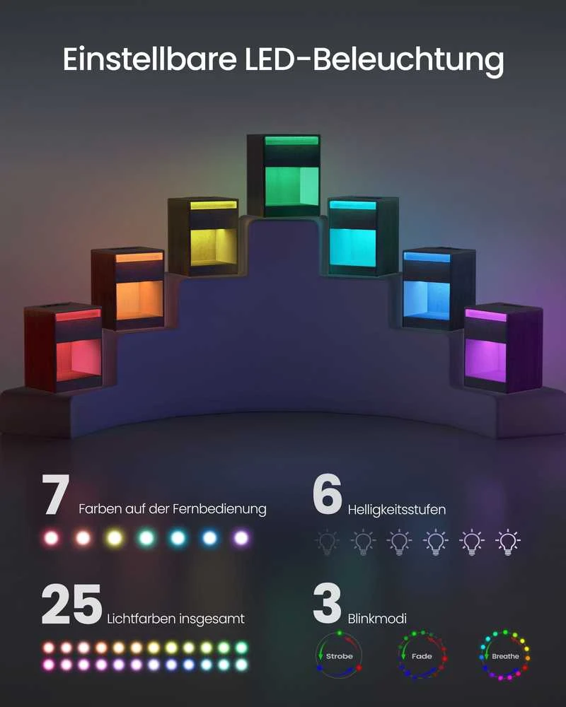 Songmics Vasagle Naktinė spintelė su moderniu uosio juodumo LED apšvietimu