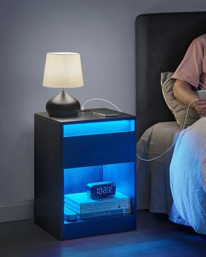 Songmics Vasagle Naktinė spintelė su moderniu uosio juodumo LED apšvietimu