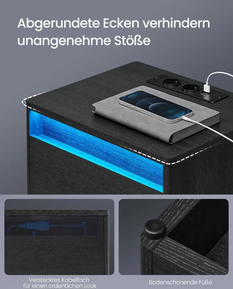 Songmics Vasagle Naktinė spintelė su moderniu uosio juodumo LED apšvietimu