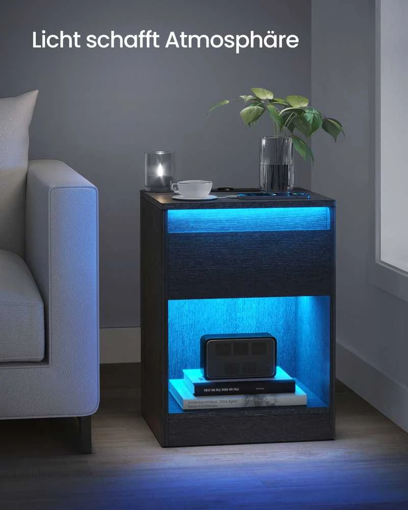 Songmics Vasagle Naktinė spintelė su moderniu uosio juodumo LED apšvietimu