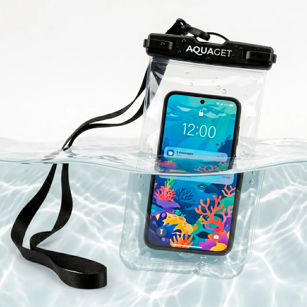 Springos Neperšlampamas telefono dėklas IPX8 su kaklo virvele, skaidrus–juodas, 21,5 cm