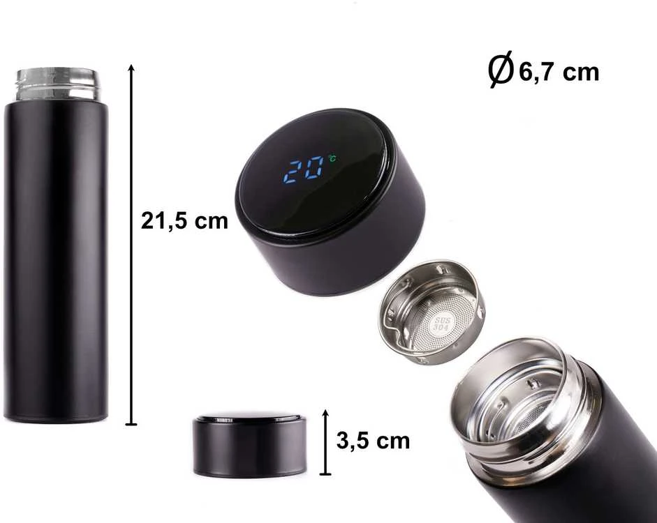 Gede Termo puodelis - termosas 500ML su LED temperatūros indikatoriumi, juodas