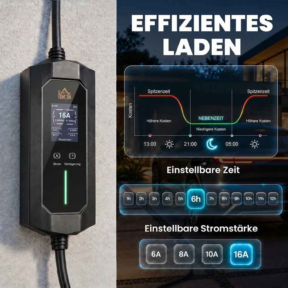 Nešiojamas elektromobilių įkroviklis 11 kW, Type 2, juodas, 23 × 9,5 × 5,5 cm