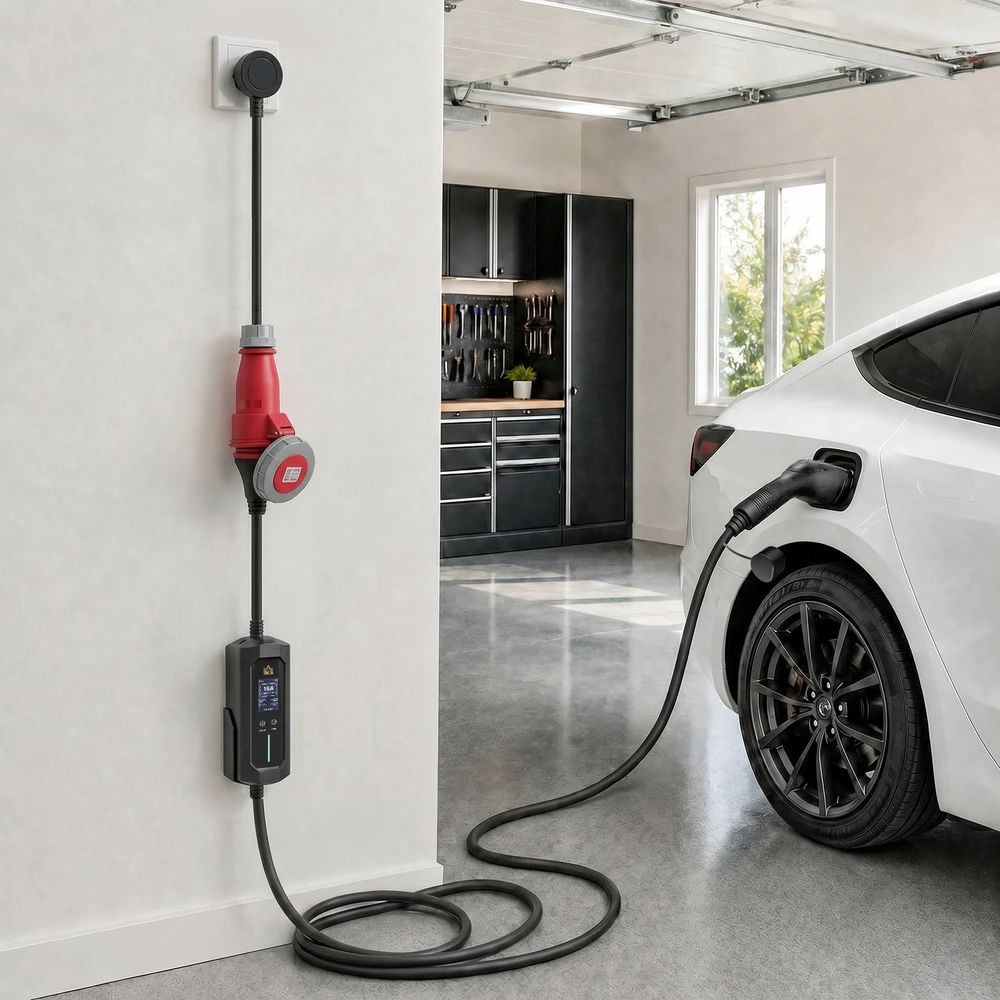 Nešiojamas elektromobilių įkroviklis 11 kW, Type 2, juodas, 23 × 9,5 × 5,5 cm