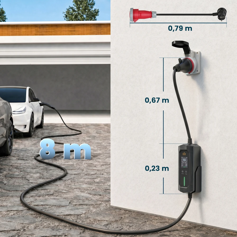 Nešiojamas elektromobilių įkroviklis 11 kW, Type 2, juodas, 23 × 9,5 × 5,5 cm