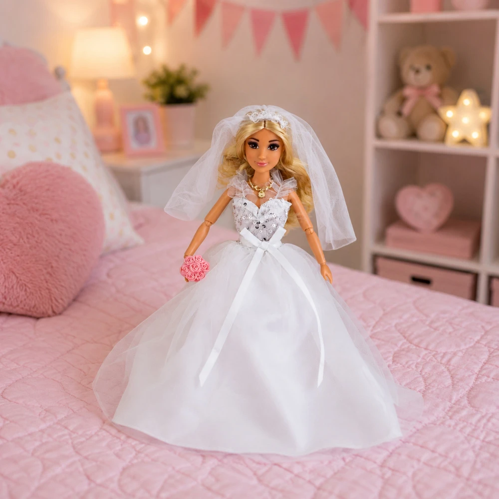 Lean Toys Nuotakos lėlė su vestuvine suknele ir aksesuarais, balta, 30 cm