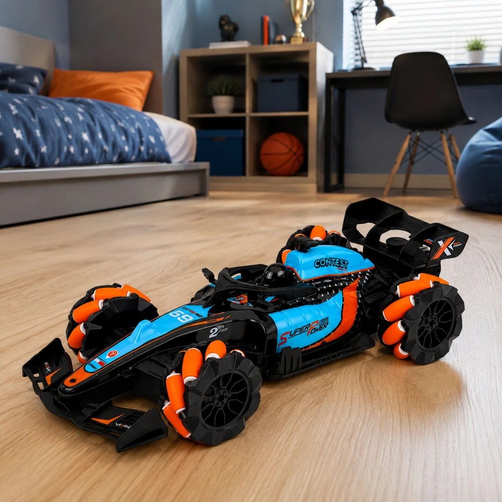 Lean Toys Nuotoliniu būdu valdomas sportinis automobilis su šviesos efektais, juodas su mėlynais ir oranžiniais elementais, 31 x 13,5 x 7,5 cm