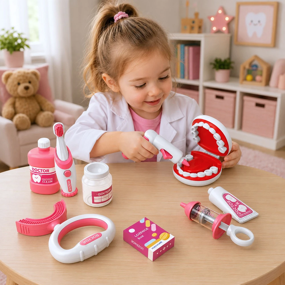Lean Toys Odontologo rinkinys su vibruojančiu dantų šepetėliu ir atidaromu žandikaulio modeliu, baltas ir rožinis, 15 dalių