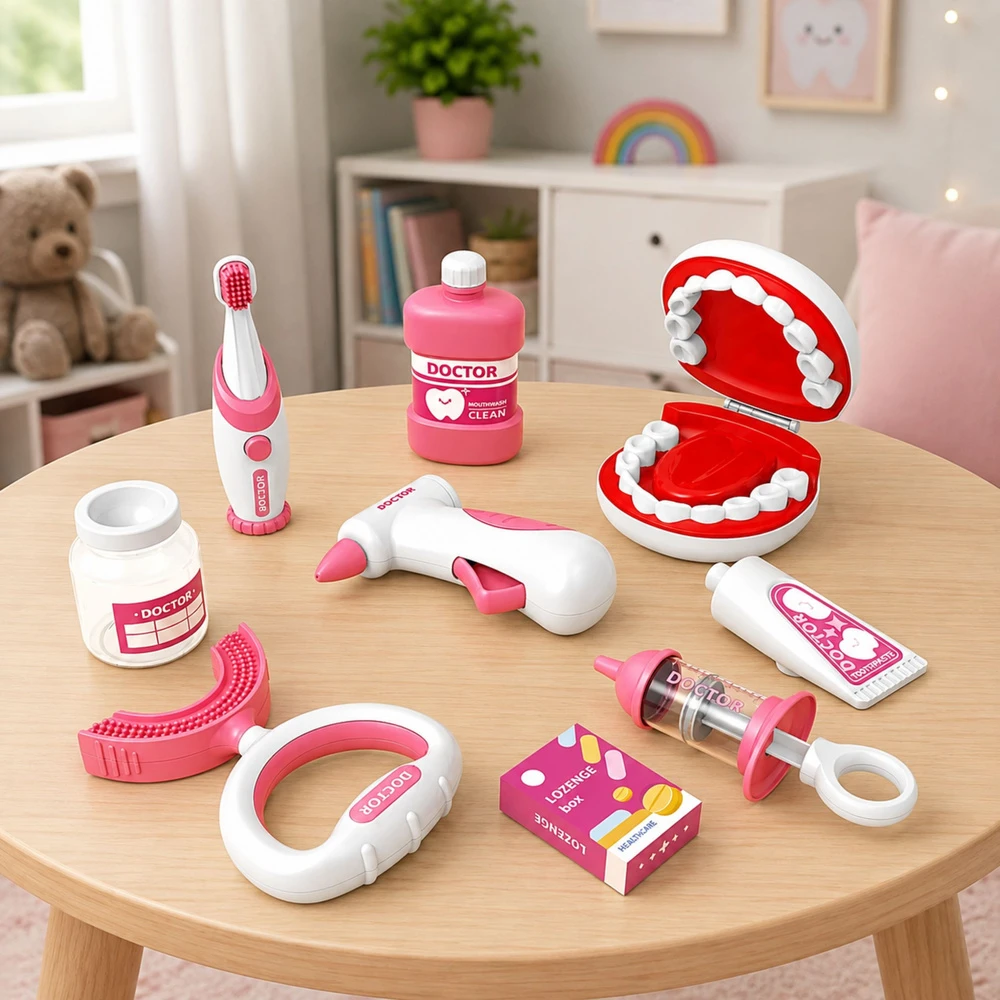 Lean Toys Odontologo rinkinys su vibruojančiu dantų šepetėliu ir atidaromu žandikaulio modeliu, baltas ir rožinis, 15 dalių