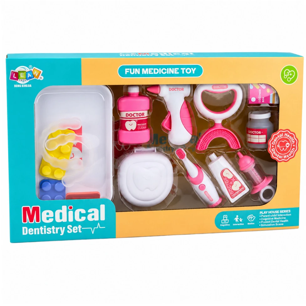 Lean Toys Odontologo rinkinys su vibruojančiu dantų šepetėliu ir atidaromu žandikaulio modeliu, baltas ir rožinis, 15 dalių