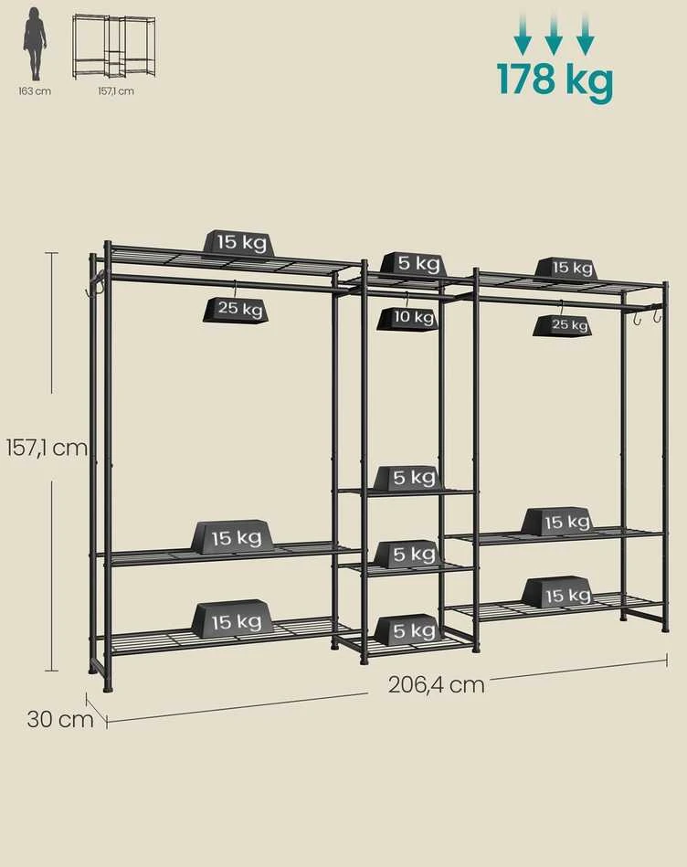 Songmics Atvira drabužių spinta su 10 lentynų ir 3 drabužių skersiniais, juoda, 30 × 206,4 × 157,1 cm