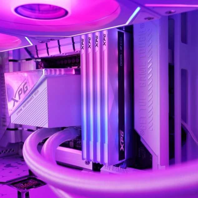 ADATA XPG DDR5 RAM violetiniame RGB apšvietime