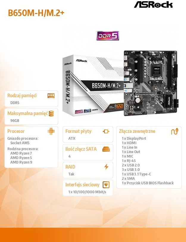 ASRock | B650M-H/M.2+ | Procesorių šeima AMD | Procesoriaus lizdas AM5 | DDR5 | Palaikomos standžiojo disko sąsajos SATA, M.2 | SATA jungčių skaičius 4