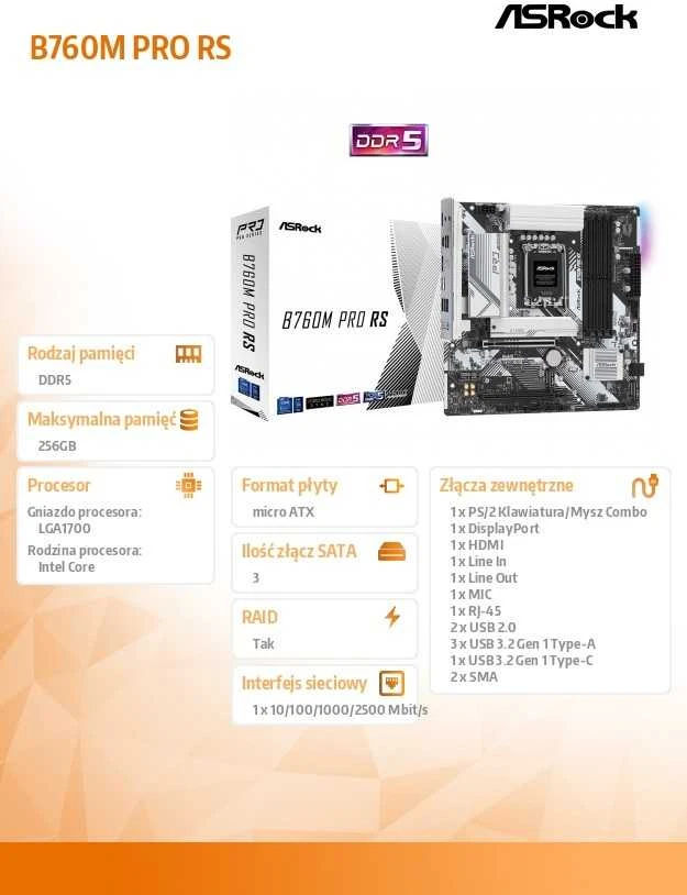 Pagrindinė plokštė ASROCK B760M PRO RS LGA1700 mATX 4x DDR5 PCIe 5.0 x16 2.5G LAN