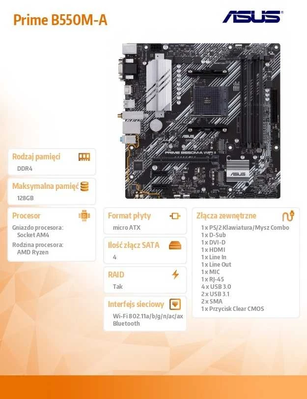 Pagrindinė plokštė Asus | PRIME B550M-A WIFI II | Procesorių šeima AMD | Procesoriaus lizdas AM4 | DDR4 DIMM | Atminties lizdai 4 | Palaikomos standžiojo disko sąsajos SATA, M.2 | SATA jungčių skaičius 4 | Lustų rinkinys AMD B550 | microATX